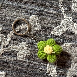 Handmade Green Crochet Flower Keychain with Yellow Center
